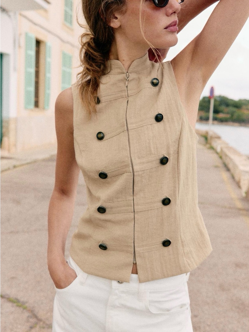 Zara Beige Double-Breasted Sleeveless Tunic size M